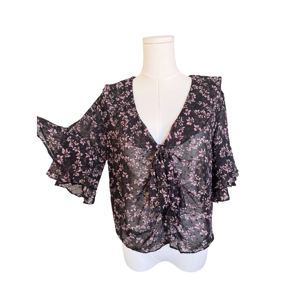 RESET by Jane Floral Sheer Tie Front Ruffle Bell Sleeve Blouse Black Pink Size M